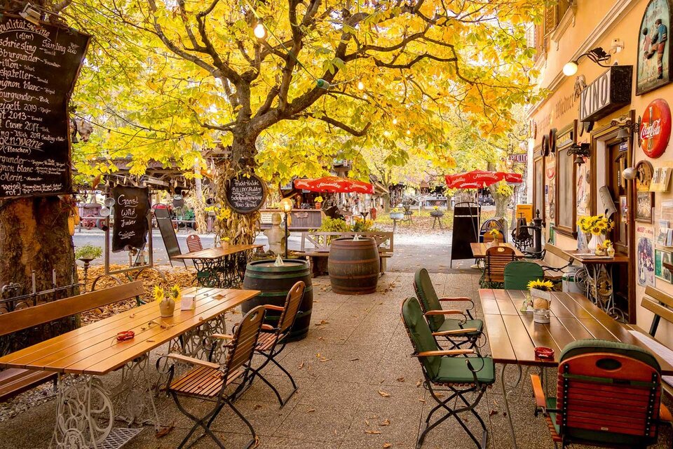 Herbstliche Gastlichkeit beim Bulldogwirt Wiedner in Straden in der Südoststeiermark. Unter mächtigen Bäumen mit leuchtend gelbem Herbstlaub laden gemütliche Holztische, rustikale Sitzgelegenheiten und liebevolle Dekorationen zum Verweilen ein. Weinfässer, Sonnenblumen und stimmungsvolle Lichter verleihen dem idyllischen Gastgarten eine besondere Atmosphäre. Ein einladender Ort, um regionale Kulinarik, steirische Weine und die gemütliche Herbststimmung im Thermen- & Vulkanland zu genießen. | © Bulldogwirt