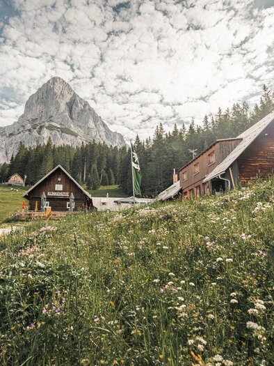 An idyllic mountain landscape with traditional cottages and a green meadow full of flowers. Majestic mountains rise in the background under a cloudy sky. | © Thomas Sattler
