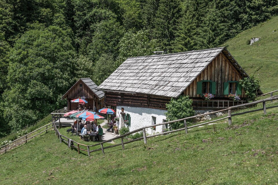 Eine gemütliche Berghütte mit einem gestreiften Dach und bunten Sonnenschirmen. Die Umgebung ist grün und von Bäumen umgeben. | © Andreas Hollinger