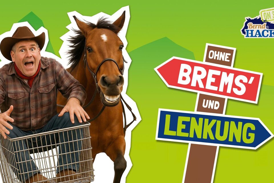 Ein komischer Mann sitzt in einem Einkaufswagen und schaut überrascht. Neben ihm steht ein Pferd, während Wegweiser mit den Aufschriften „OHNE BREMS' UND LENKUNG“ zu sehen sind. | © Bernd Hackl