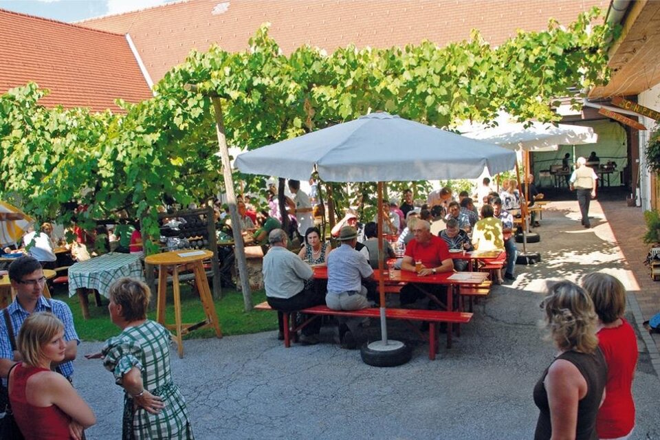 Ein belebter Garten mit Gästen, die an Tischen unter Sonnenschirmen sitzen. Umgeben von Weinreben und einem einladenden Ambiente. | © Biohof Schloffer
