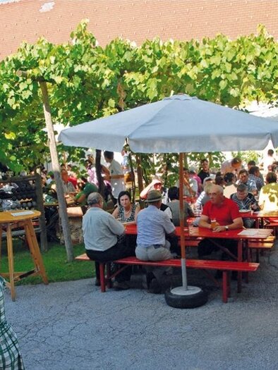 Ein belebter Garten mit Gästen, die an Tischen unter Sonnenschirmen sitzen. Umgeben von Weinreben und einem einladenden Ambiente. | © Biohof Schloffer