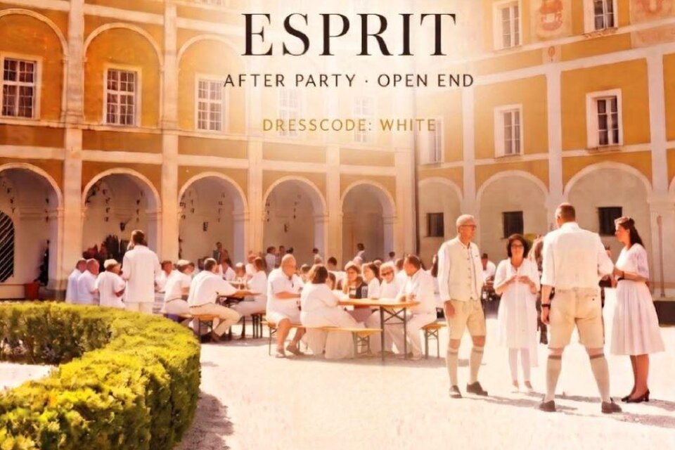 Eine lebhafte After-Party mit Gästen in weißen Outfits. Im Hintergrund sind eine schöne Architektur und eine grüne Hecke zu sehen. | © Die Mühle - Johann Schmuck