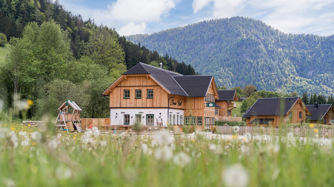 Ein charmantes Holzhaus in einer malerischen Landschaft. Im Vordergrund blühen Wiesenblumen, während die Berge im Hintergrund zu sehen sind. | © www.zloamwirt.at