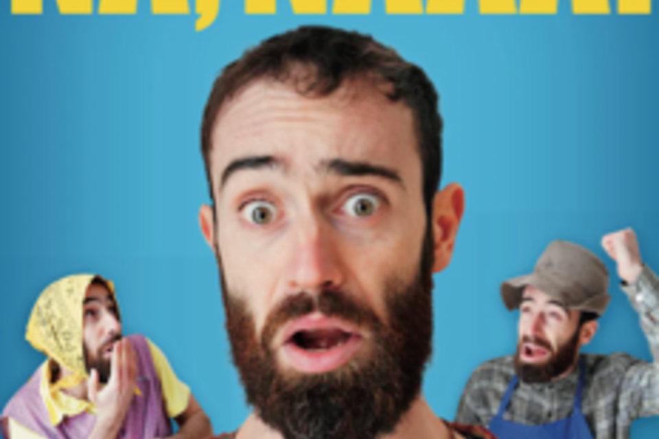Ein Mann mit Bart und überraschter Miene präsentiert sein Comedy-Programm. Im Hintergrund sind weitere Figuren abgebildet, die verschiedene Gesichtsausdrücke zeigen. | © Buono