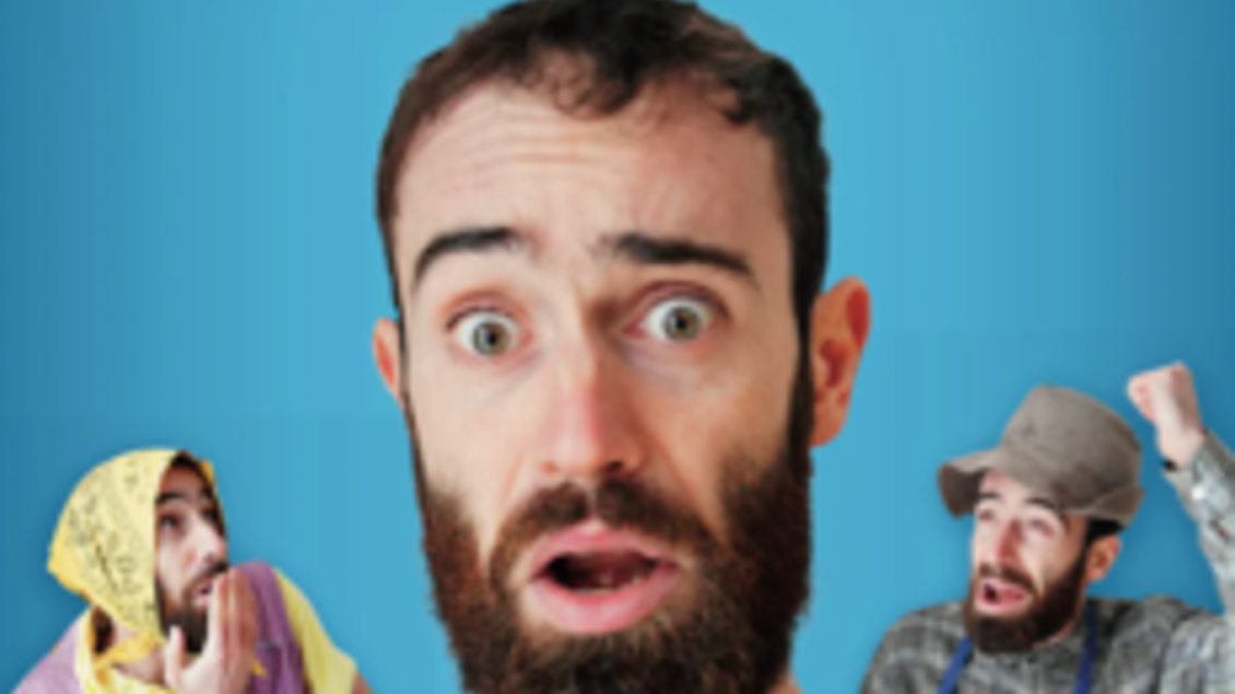 Ein Mann mit Bart und überraschter Miene präsentiert sein Comedy-Programm. Im Hintergrund sind weitere Figuren abgebildet, die verschiedene Gesichtsausdrücke zeigen. | © Buono