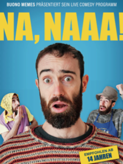 A man with a beard and a surprised expression is presenting his comedy program. In the background, there are additional figures depicted, showing various facial expressions. | © Buono