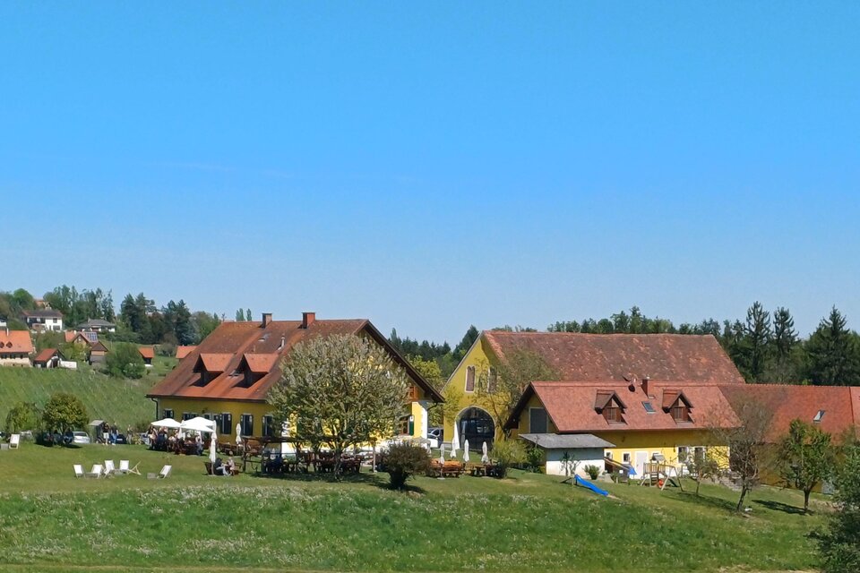 Ein malerisches Landhaus mit roten Dächern und grünen Wiesen. Der Himmel ist klar und blau. | © TV Südsteiermark - Irene Löschnig