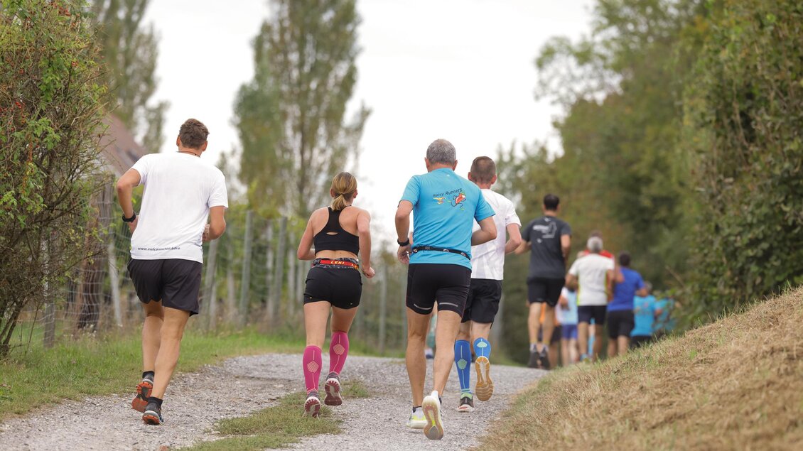 Eine Gruppe von Läufern joggt einen Schotterweg entlang. Bäume und Vegetation umgeben die Strecke. | © Gemeinde Bad Loipersdorf