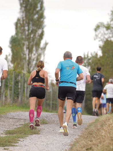Eine Gruppe von Läufern joggt einen Schotterweg entlang. Bäume und Vegetation umgeben die Strecke. | © Gemeinde Bad Loipersdorf