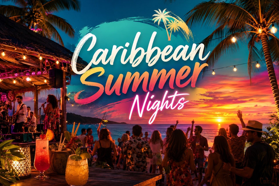 Werbegrafik für Caribbean Summer Nights mit Strandparty, Live-Musik, Palmen und Sonnenuntergang am Hauptplatz Seiersberg-Pirka. | © ChatGPT-Christine Rotschädl