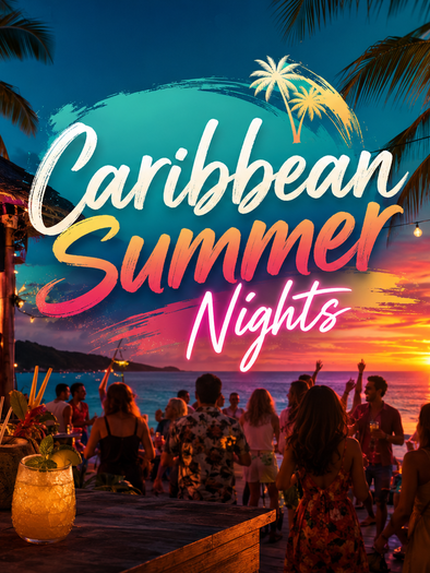 Werbegrafik für Caribbean Summer Nights mit Strandparty, Live-Musik, Palmen und Sonnenuntergang am Hauptplatz Seiersberg-Pirka. | © ChatGPT-Christine Rotschädl