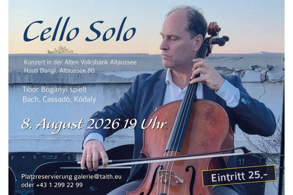 <p>Das Foto und die Werbung vom Cellist. der in der Galerie Taith in Altaussee ein Konzert spielt. Das Konzert findet am 8. August 2026 im Alten Volksbank Altausee statt.</p> | © Taith Contemporary