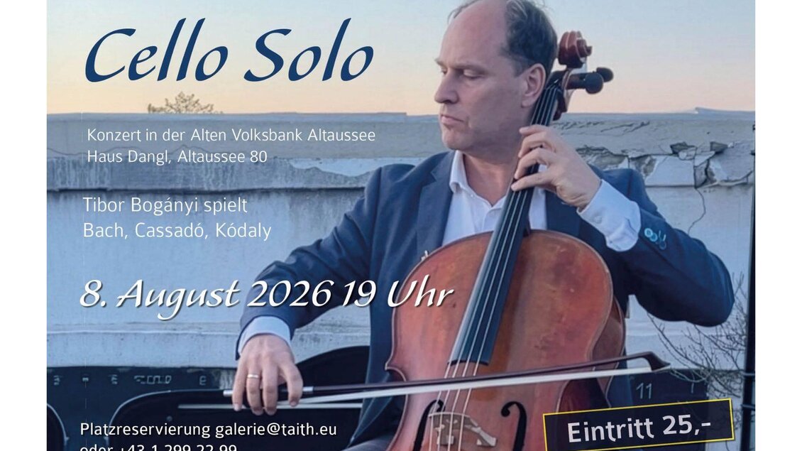 <p>Das Foto und die Werbung vom Cellist. der in der Galerie Taith in Altaussee ein Konzert spielt. Das Konzert findet am 8. August 2026 im Alten Volksbank Altausee statt.</p> | © Taith Contemporary