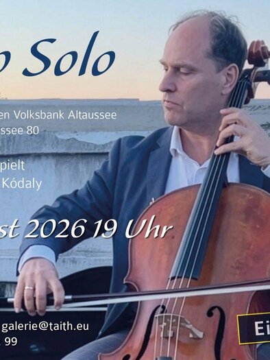 <p>Das Foto und die Werbung vom Cellist. der in der Galerie Taith in Altaussee ein Konzert spielt. Das Konzert findet am 8. August 2026 im Alten Volksbank Altausee statt.</p> | © Taith Contemporary