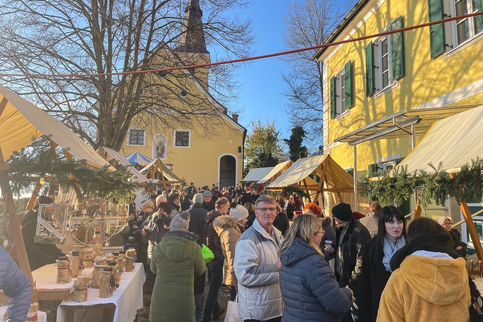 Ein belebter Markt mit zahlreichen Ständen und vielen Besuchern. Im Hintergrund ist eine Kirche und ein gelbes Gebäude zu sehen. | © Carina Sammer