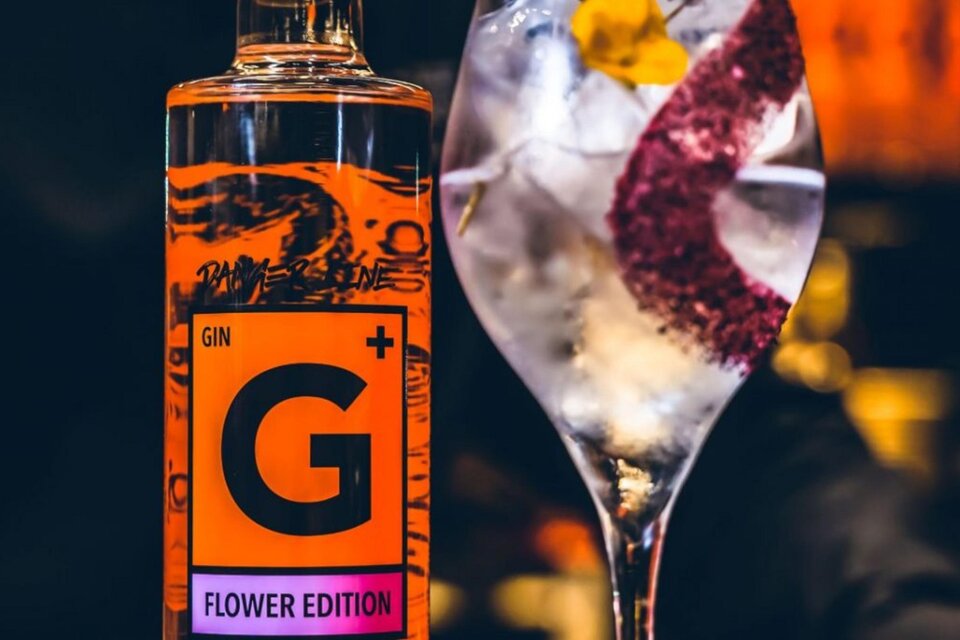 Eine Flasche Gin in der "Flower Edition" steht neben einem eleganten Cocktailglas. Der Drink ist mit Eis und bunten Blüten dekoriert. | © Distillery Kraus