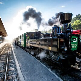 A steam locomotive stands at the station, smoke is rising from the chimney. In the background, more carriages and a wooded landscape can be seen.