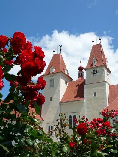 zu sehen ist das Chorherrenstift Vorau mit roten Rosen im Vordergrund. | © Manfred Glößl