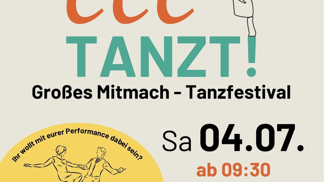 Ein Plakat für ein Tanzfestival mit dem Titel "Das ece tanzt!". Es informiert über den Veranstaltungstag am 4. Juli im ece Kapfenberg und lädt zur Teilnahme ein. | © Gute Geschichte Verein