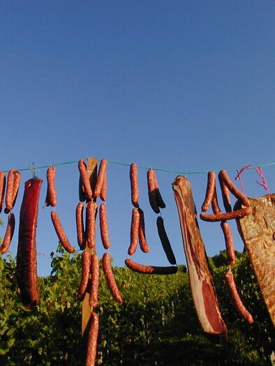 A colorful selection of sausages hangs on a string between the vines. The sky is clear and blue. | © Kollar-Göbel