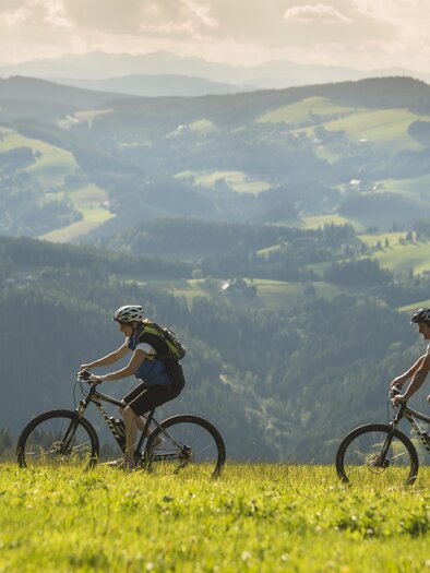 Zwei Mountainbiker fahren durch eine grüne Landschaft. Im Hintergrund sind sanfte Hügel und ein klarer Himmel zu sehen. | © Tourismusverband Oststeiermark
