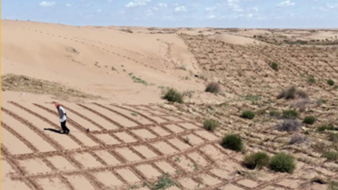 Künstlerische Landschaftsaufnahme mit einer Person inmitten geometrischer Strukturen im Sand – **„Elements of(f) Balance“ in Kirchberg an der Raab**. | © Othmar Schmiderer/Jörg Burger