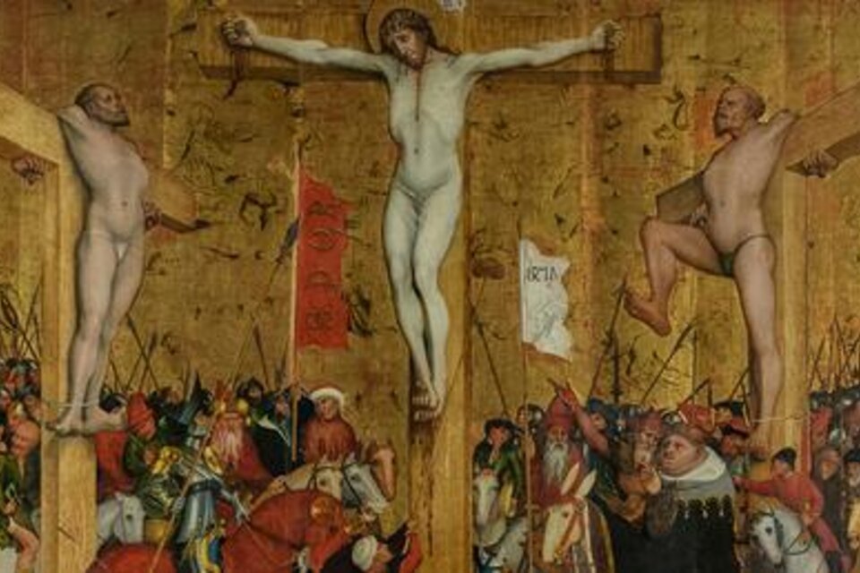 Ein historisches Gemälde, das die Kreuzigung von Christus darstellt. Zwei verurteilte Verbrecher sind ebenfalls gekreuzigt, während eine Menschenmenge im Hintergrund zu sehen ist.