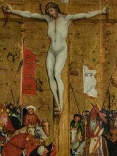 A historical painting depicting the crucifixion of Christ. Two condemned criminals are also crucified, while a crowd can be seen in the background.
