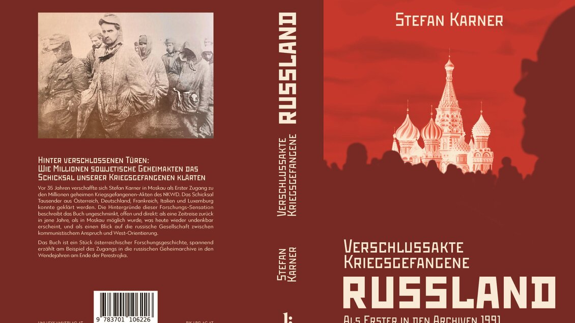 Ein Buchcover mit dem Titel "Russland" von Stefan Karner. Im Hintergrund sind eine historische Foto und die Silhouette der Basilius-Kathedrale in Moskau zu sehen. | © © Thermalhotel Fontana