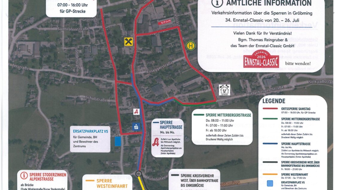 Eine Karte mit Informationen zu Straßensperrungen in Grömbingen während der Veranstaltung "Einstal-Classic". Die Legende erklärt die verschiedenen gesperrten Bereiche und Ersatzparkplätze. | © Gemeinde Gröbming