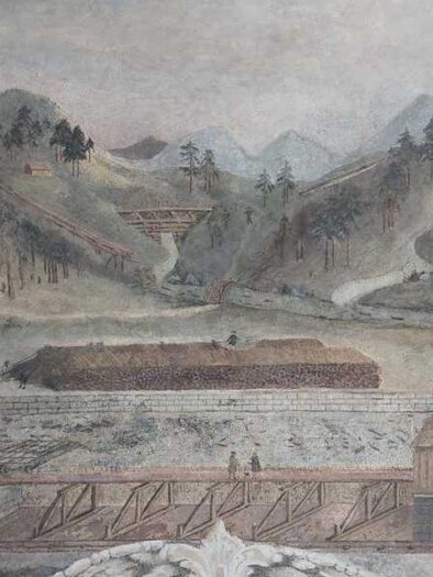 The image is a historical fresco in the so-called "Emperor's Hall." It depicts a river landscape in a mountain valley with a technical facility in the foreground - an early industrial plant for harnessing hydropower. | © Kammerhofmuseum Bad Aussee, kammerhofmuseum.at