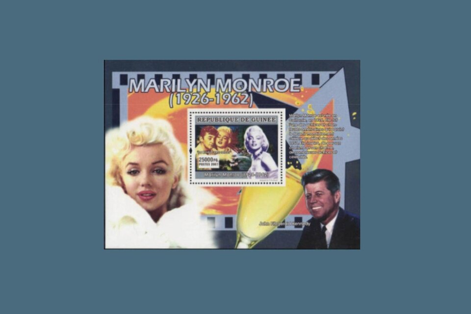 Eine kreative Briefmarkenauflage mit Marilyn Monroe und einem Bild von John F. Kennedy. Der Hintergrund enthält leuchtende Farben und filmische Elemente. | © Dr. Detlef Mager