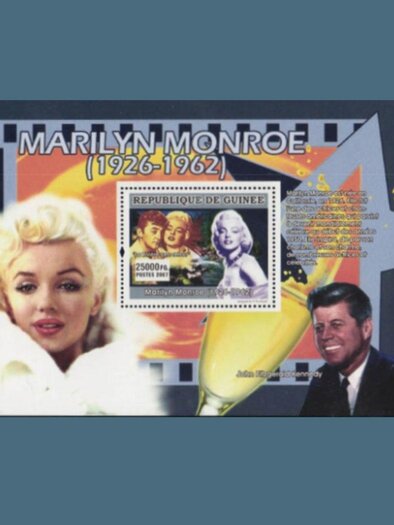 Eine kreative Briefmarkenauflage mit Marilyn Monroe und einem Bild von John F. Kennedy. Der Hintergrund enthält leuchtende Farben und filmische Elemente. | © Dr. Detlef Mager