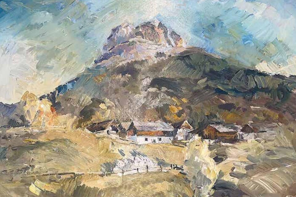 Ein wunderschönes Gemälde einer gemalten Landschaft von Altaussee mit dem Hausberg Loser im Hintergrund, welches bei der Ausstellung malerisches Ausseerland präsentiert wird.  | © Volksbank Bad Aussee, www.volksbanksalzburg.at