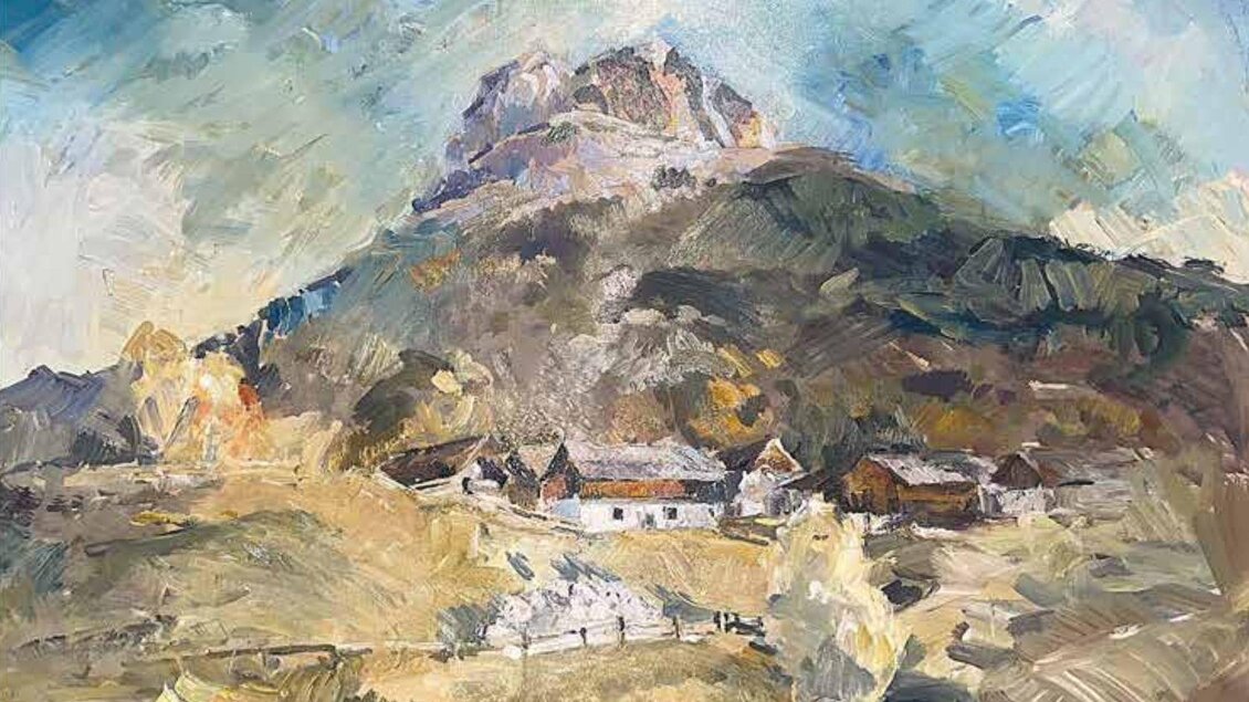 Ein wunderschönes Gemälde einer gemalten Landschaft von Altaussee mit dem Hausberg Loser im Hintergrund, welches bei der Ausstellung malerisches Ausseerland präsentiert wird.  | © Volksbank Bad Aussee, www.volksbanksalzburg.at
