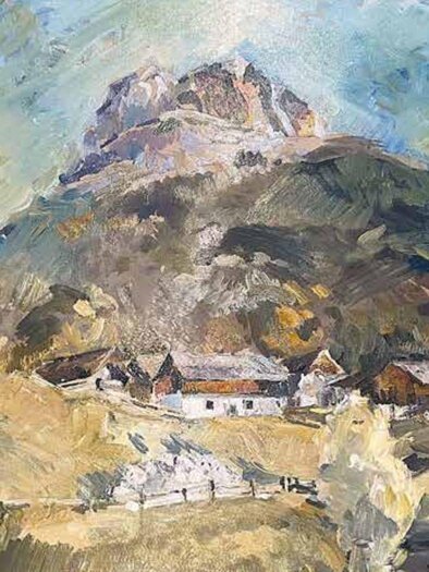 A beautiful painting of a painted landscape of Altaussee with the local mountain Loser in the background, which will be presented at the exhibition picturesque Ausseerland. | © Volksbank Bad Aussee, www.volksbanksalzburg.at