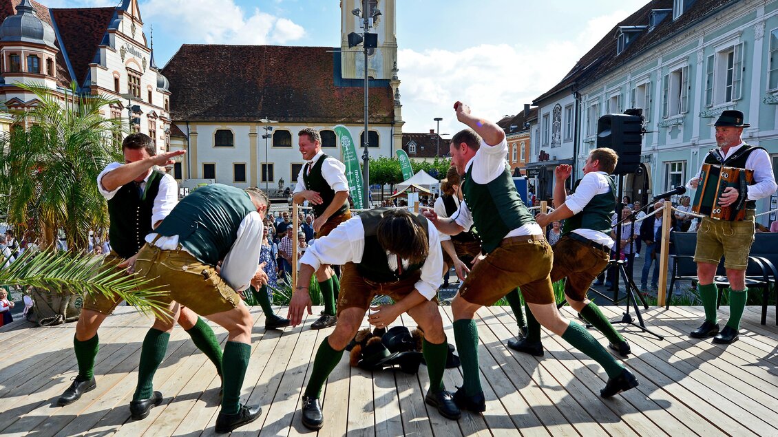 Eine Gruppe von Männern in traditioneller Tracht tanzt auf einer Bühne. Im Hintergrund sind historische Gebäude und ein blauem Himmel zu sehen. | © Oststeiermark Tourismus