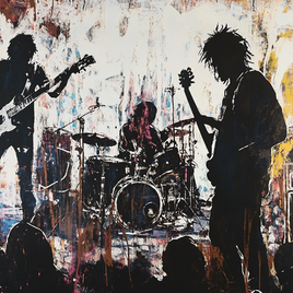 A stylized representation of a band on stage. The silhouettes of the musicians are surrounded by colorful, abstract colors. | © ManuelaMachner_midjourney