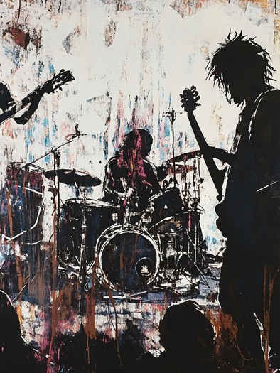 Eine stilisierte Darstellung einer Band auf der Bühne. Die Silhouetten der Musiker sind umgeben von bunten, abstrakten Farben. | © ManuelaMachner_midjourney