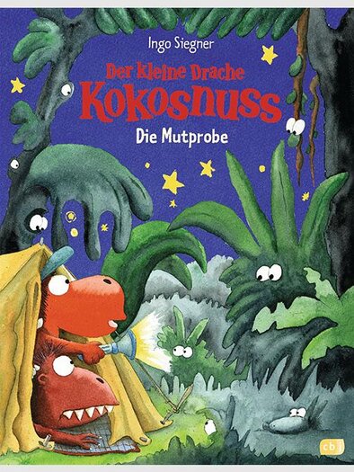 A colorful children's book cover titled "The Little Dragon Coconut: The Test of Courage". It features two dragons standing in a forest with glowing stars and green plants. | © cbj Kinder- und Jugendbuchverlag