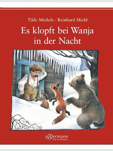 Ein Kinderbuch mit dem Titel "Es klopft bei Wanja in der Nacht". Die Illustration zeigt eine winterliche Szene mit Tieren und einem Menschen in einem schneebedeckten Umfeld. | ©  Verlag Friedrich Oetinger