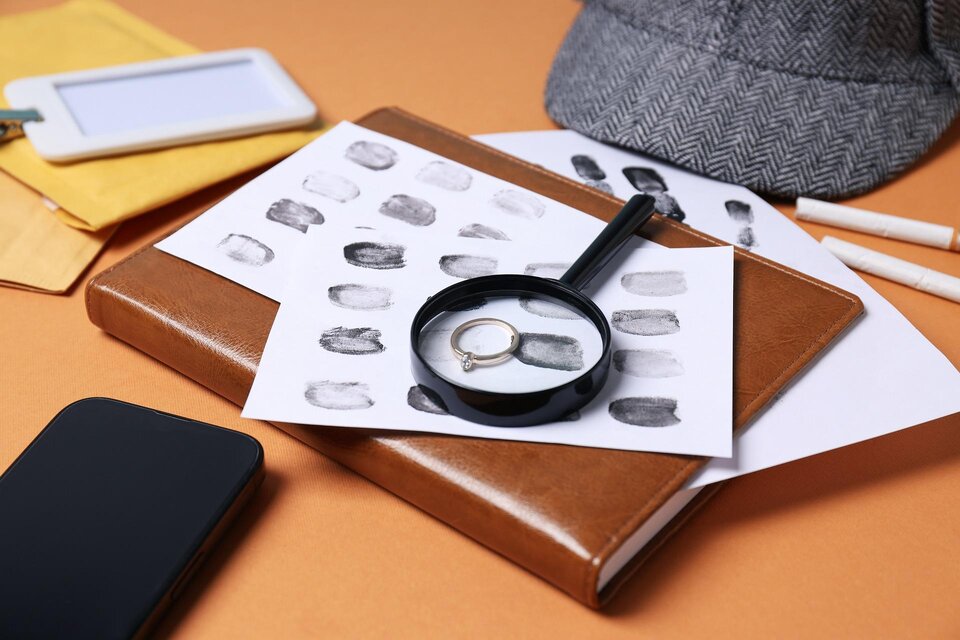 Eine Arbeitsfläche mit Fingerabdrücken auf Papier, einer Lupe und einem Notizbuch. Ein Handy und ein Hut sind ebenfalls zu sehen. | © Pixabay