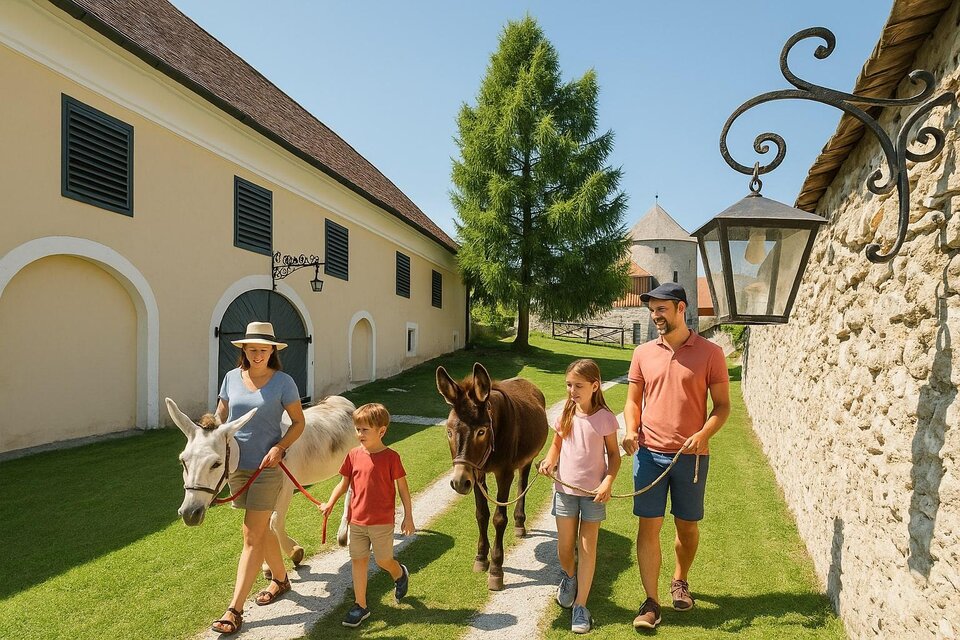 Eine Familie mit zwei Kindern geht mit einem Esel und einem Pony spazieren. Im Hintergrund sind Gebäude und ein Baum zu sehen.