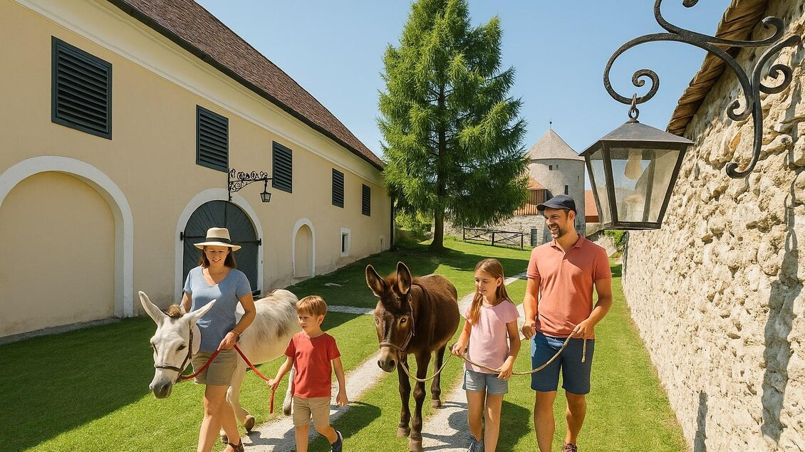 Eine Familie mit zwei Kindern geht mit einem Esel und einem Pony spazieren. Im Hintergrund sind Gebäude und ein Baum zu sehen.