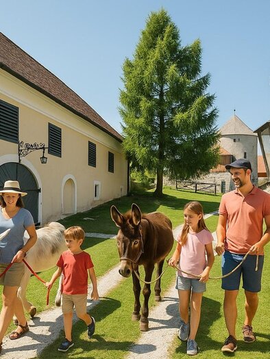 Eine Familie mit zwei Kindern geht mit einem Esel und einem Pony spazieren. Im Hintergrund sind Gebäude und ein Baum zu sehen.