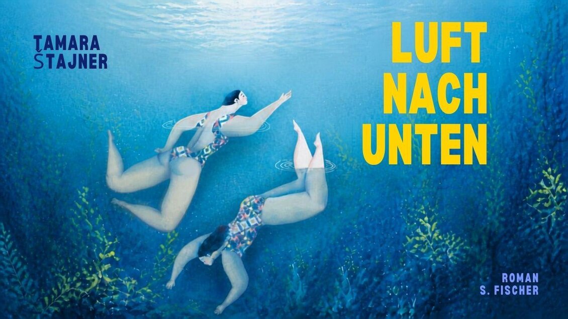 <p><p><p>Das Buch Cover von Tamara Stajners Roman "Luft nach unten". Auf dem Buch Cover schwimmen zwei Damen im Badeanzug unter Wasser.</p></p></p> | © Die Wasnerin