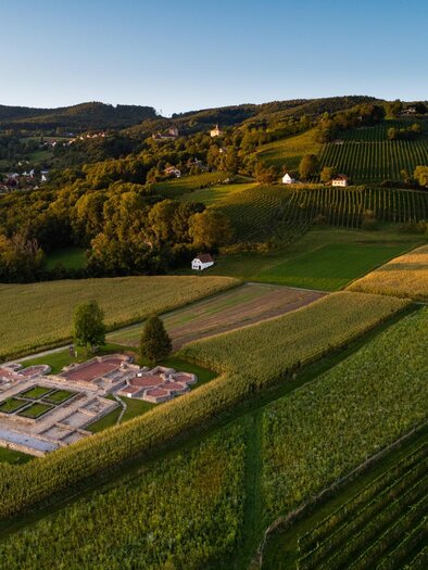 A vast landscape with gentle hills and vineyards. In the middle, the ruins of a former settlement can be seen. | © Oststeiermark Tourismus
