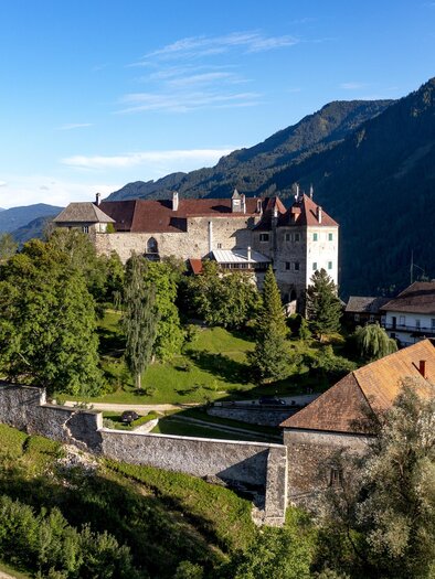 An impressive castle on a hill, surrounded by green trees and mountains. The sky is clear and sunny. | © Tom Lamm