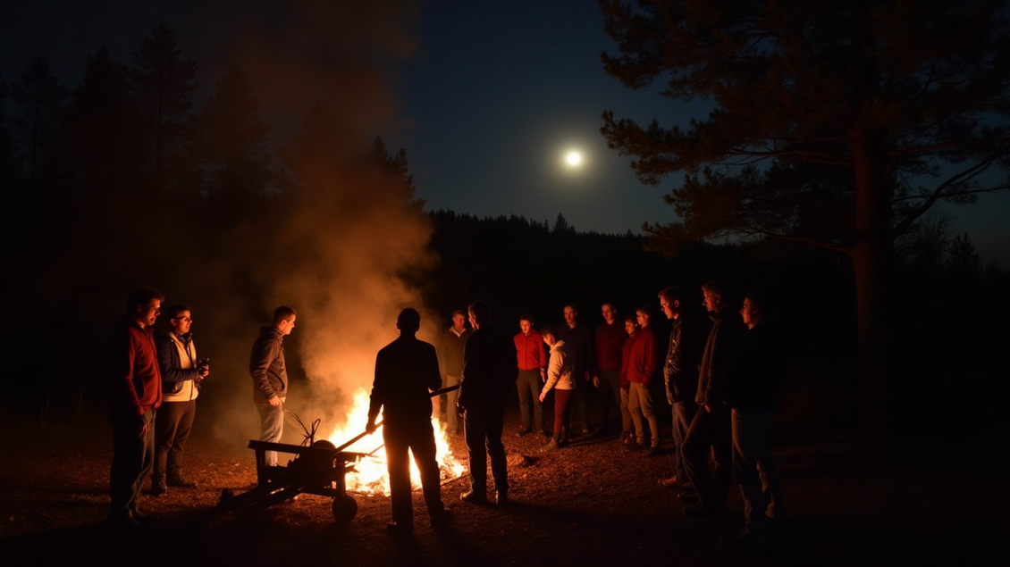 Eine Gruppe von Menschen versammelt sich um ein großes Lagerfeuer in der Dunkelheit. Der Vollmond scheint über der Szenerie. | © KI krea